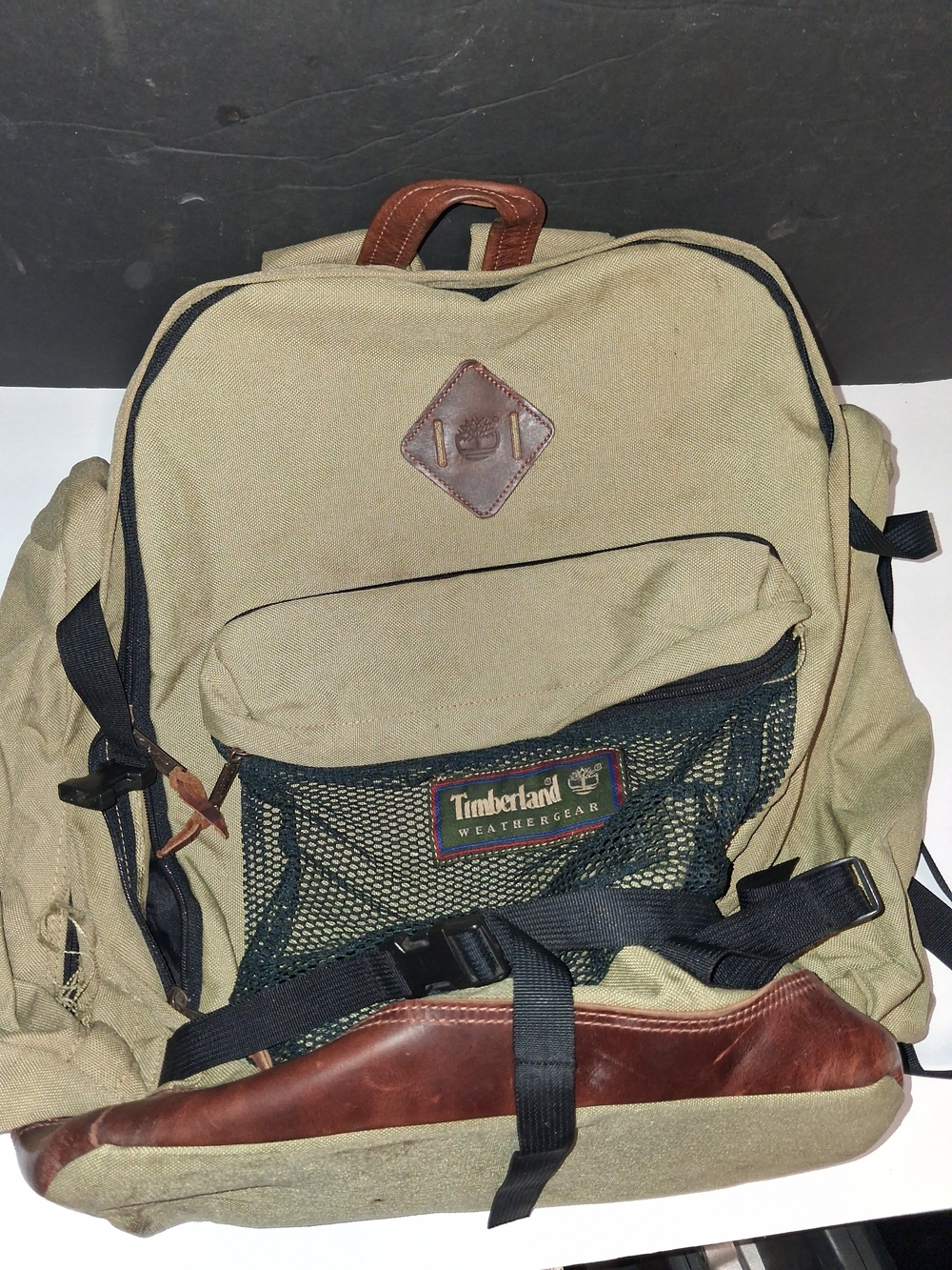 Timberland Olive Canvas Backpack with Brown Leather Accents